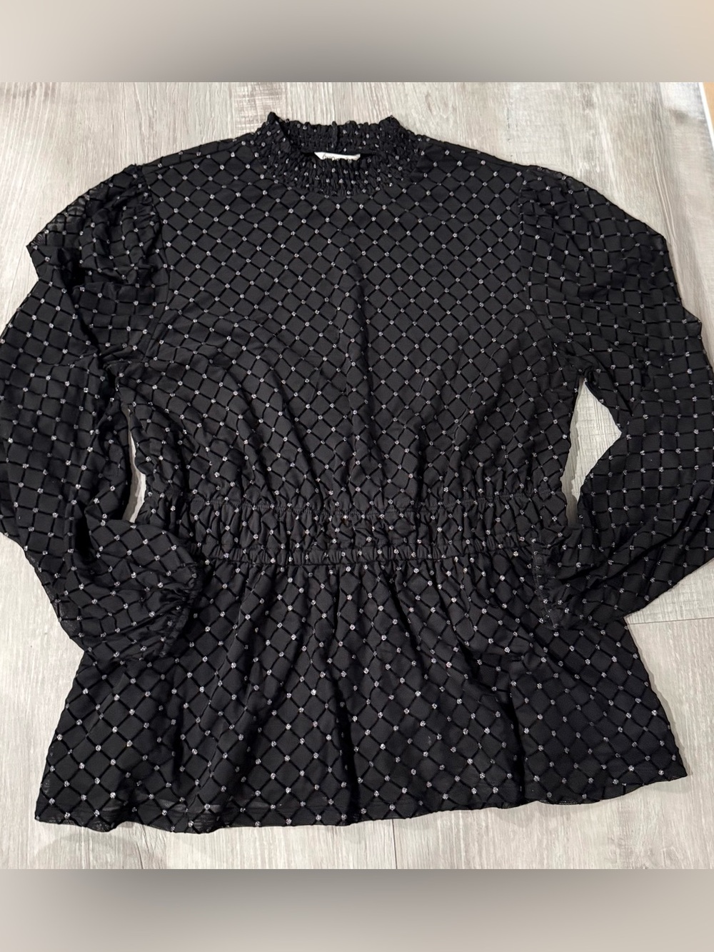 Women’s Black Geometric High Neck Long Sleeve Puff Sleeve Smocked Waist Blouse